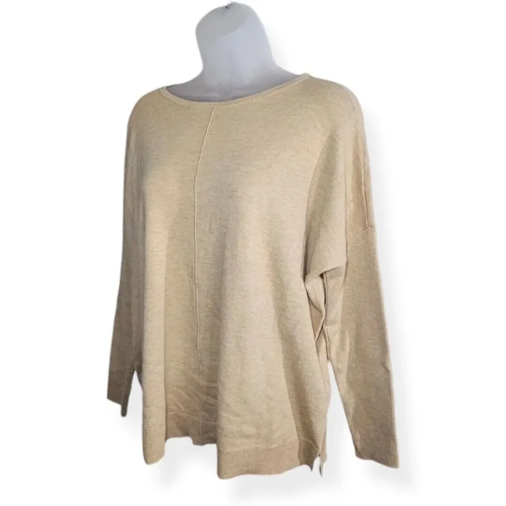 Chicos Center Seam Cashmere Blend Ribbed Sleeve Khaki Biege Sweater Womens Sz 1‎